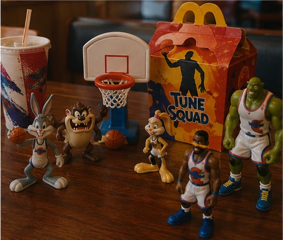 1990s basketball-themed cartoon figures, miniature hoop and fast-food kids-meal packaging