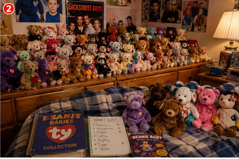 Late-1990s bedroom filled with Beanie Babies on a dresser and bed beside a collector checklist