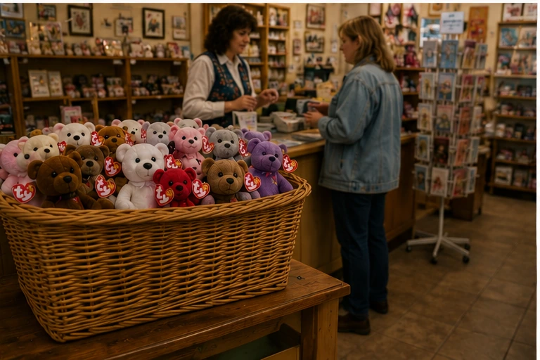 Small 1990s card and gift shop with a basket of Beanie Babies near the register