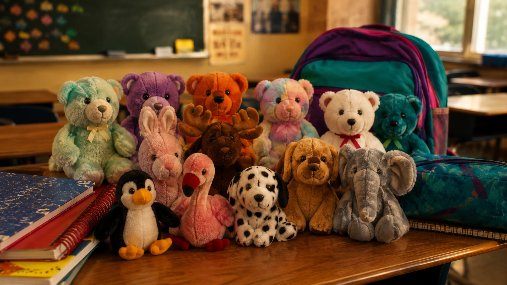 Small 1990s plush collectible animals arranged on a classroom desk beside school supplies