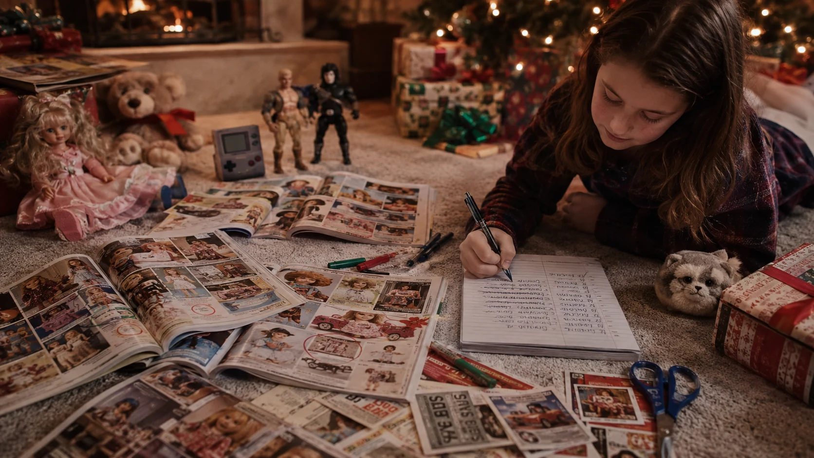 Child making a 1990s Christmas wish list beside open holiday toy catalogs