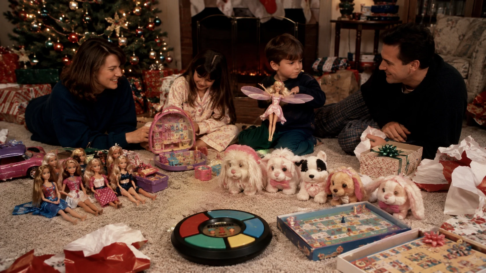 Family opening 1990s dolls plush pets miniature playsets and electronic games on Christmas morning