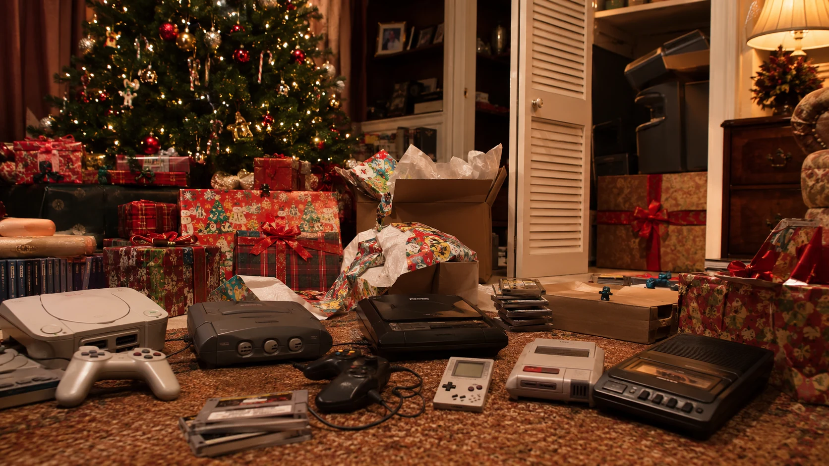 1990s game consoles handheld systems cartridges and a recording gadget arranged beside Christmas presents