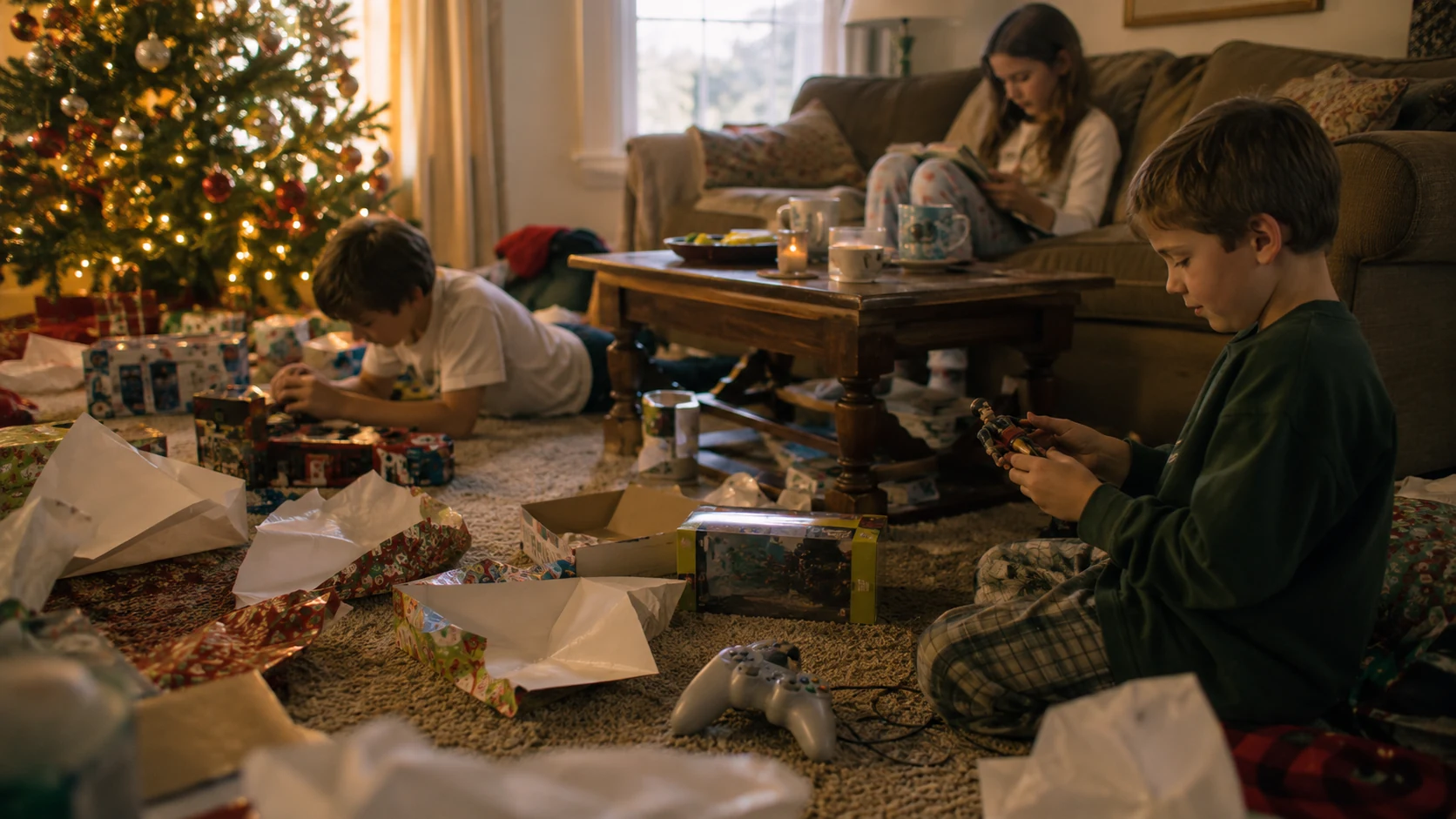 Quiet 1990s Christmas morning aftermath with children playing among opened boxes and wrapping paper