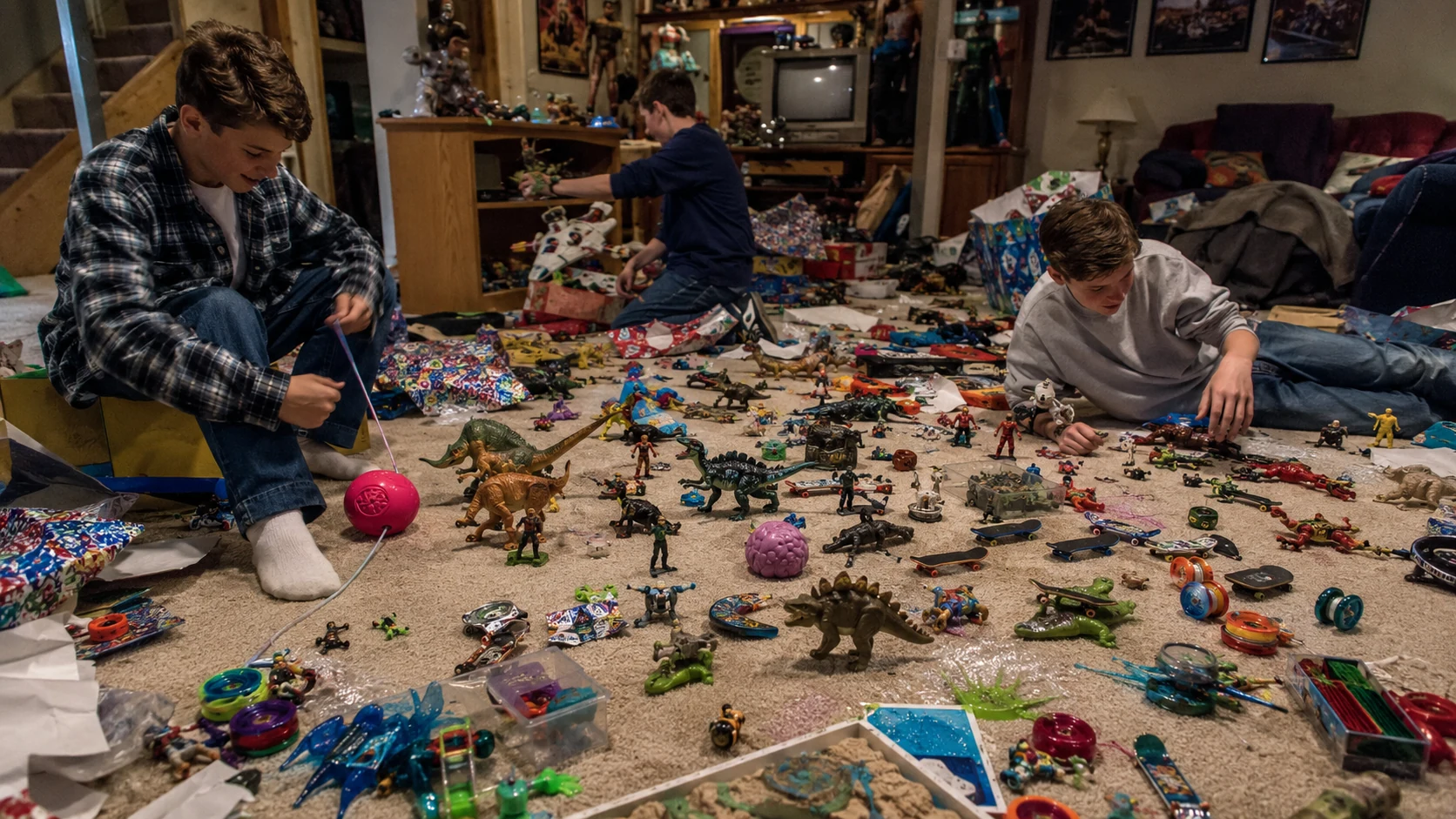 1990s playroom filled with playground toys miniature skateboards dinosaurs action figures yo-yos and slime kits