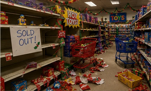 Nearly empty toy-store shelves during a major 1990s Christmas toy craze