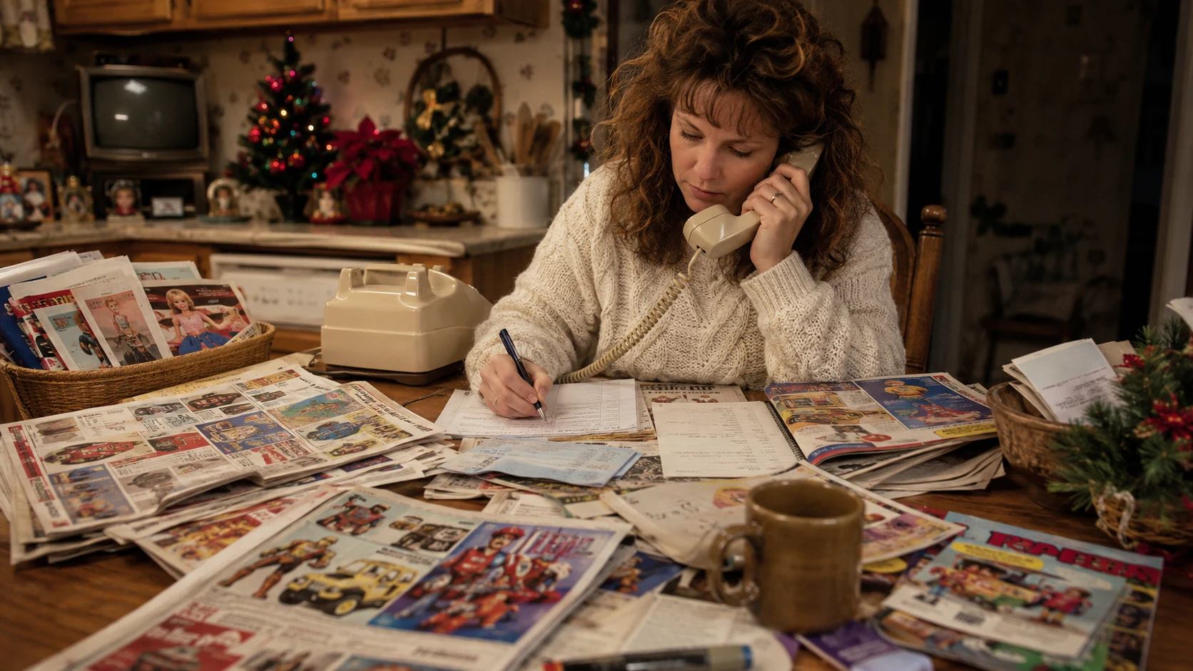 Parent using a corded telephone while searching newspaper ads and toy catalogs for Christmas gifts