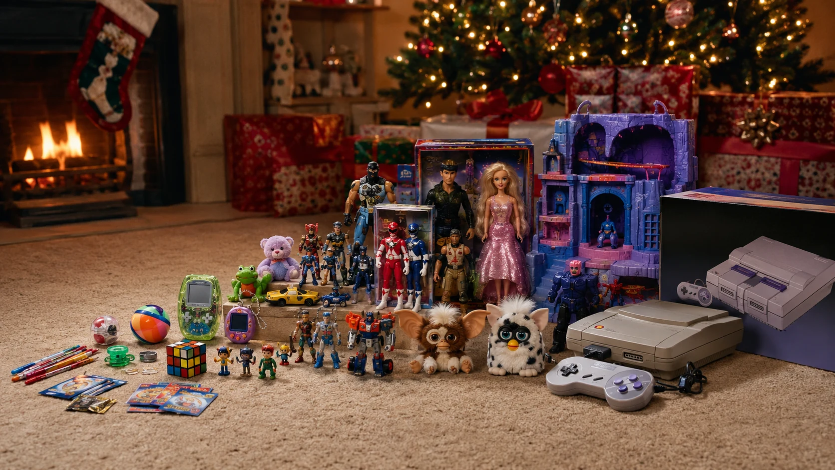 Large range of 1990s Christmas toys arranged from small stocking stuffers to major gifts