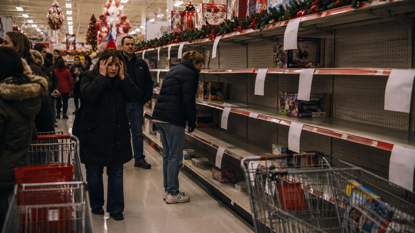 Frustrated Christmas shoppers standing beside nearly empty toy-store shelves