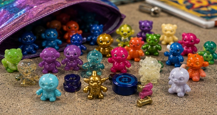 Colorful Crazy Bones figures arranged on a 1990s school desk