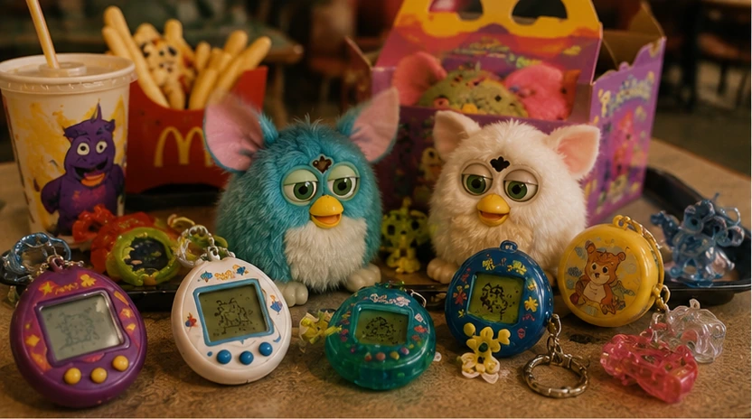 Late-1990s digital pet keychains and fuzzy electronic-creature toys arranged with a fast-food kids meal