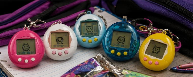 Colorful digital pet keychains clipped to backpacks and hidden beneath a classroom desk