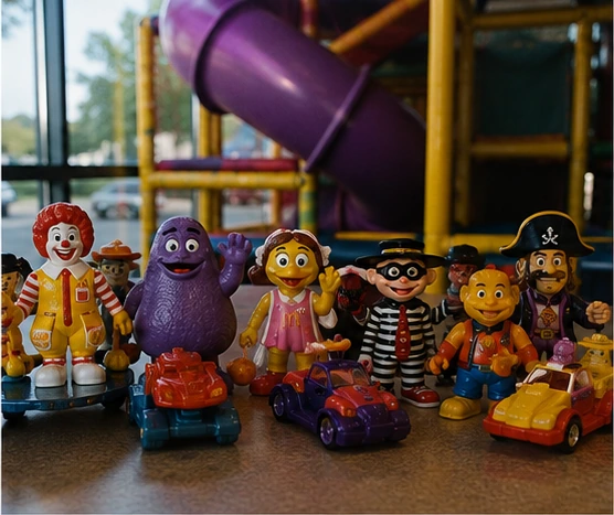 Colorful 1990s fast-food restaurant mascot figures and toy vehicles near an indoor play area
