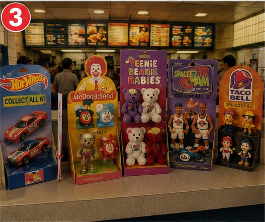 Colorful 1990s fast-food counter filled with kids-meal toy promotion displays