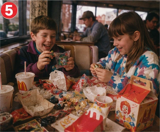 Children opening fast-food toy bags at a busy 1990s restaurant booth