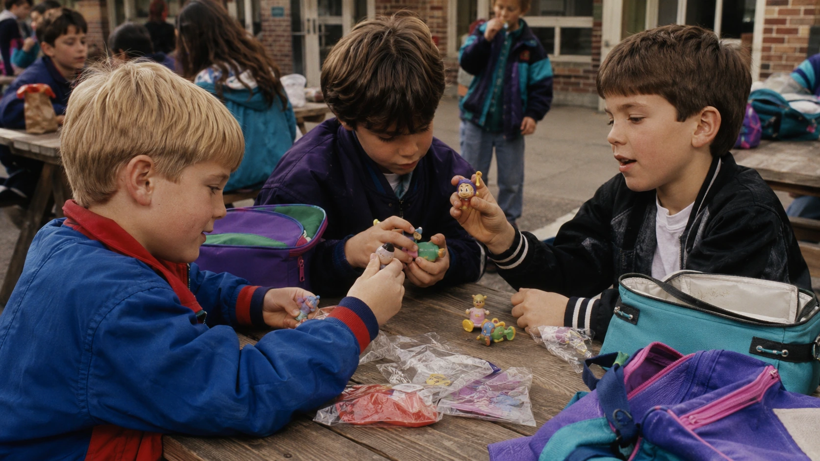 Children trading duplicate 1990s fast-food kids-meal toys at a school lunch table