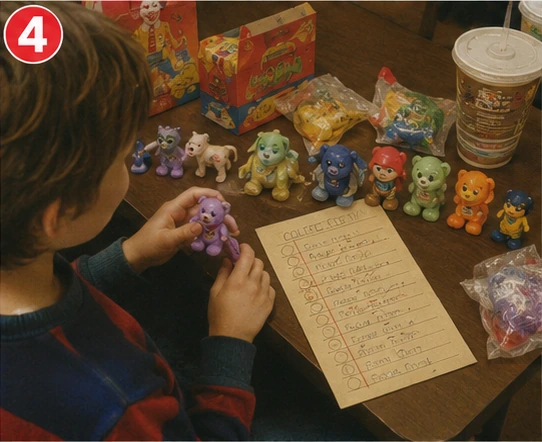 Child sorting duplicate 1990s kids-meal figures while trying to complete a toy set