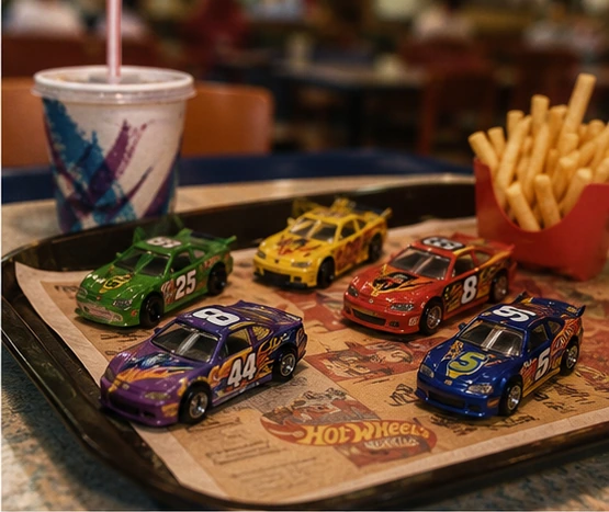 Colorful 1990s die-cast kids-meal cars racing across a fast-food tray beside fries and a drink