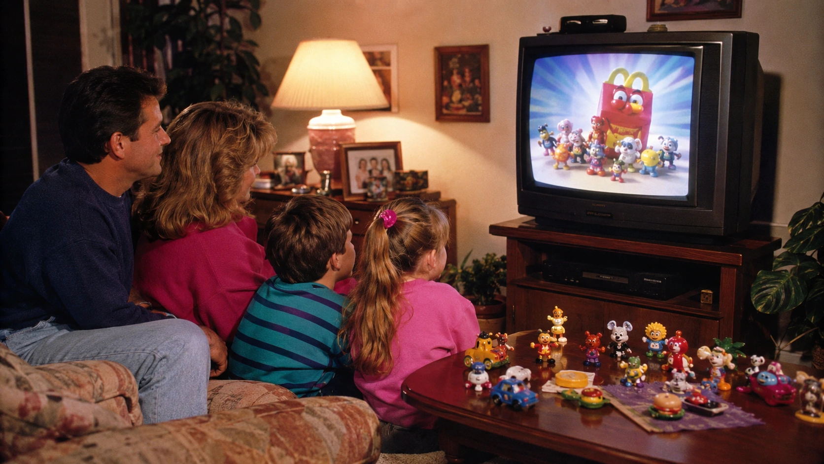 Family watching a colorful 1990s kids-meal toy commercial on a CRT television