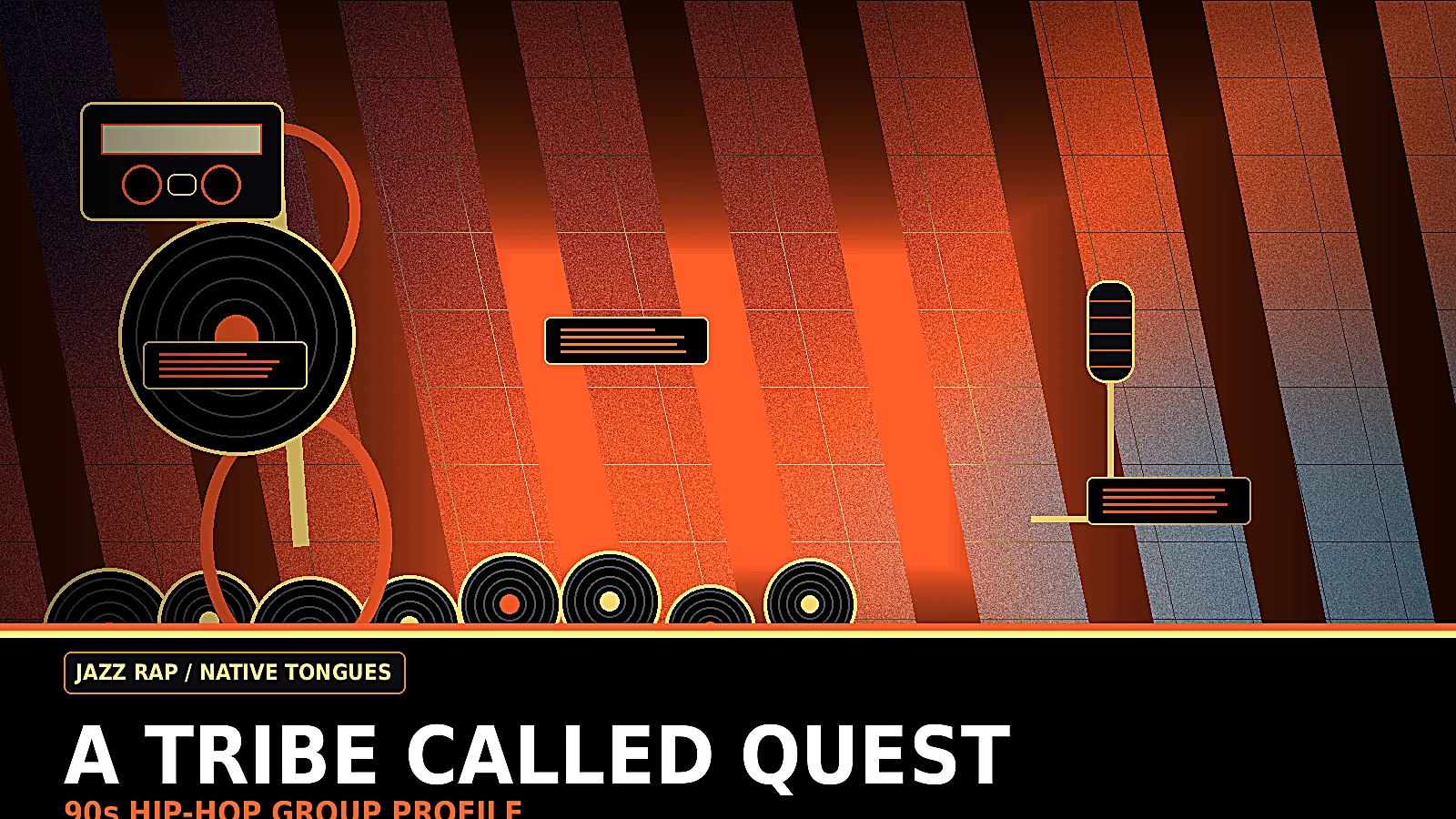 A Tribe Called Quest inspired 90s jazz rap profile image with vinyl crates, basslines, headphones, warm New York night energy, and Native Tongues style