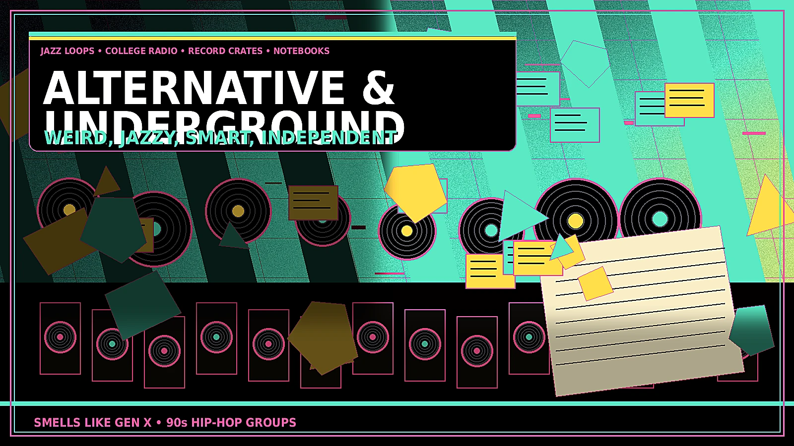Alternative and underground 90s hip-hop groups with jazz records, college radio, flyers, turntables, notebooks, cassette tapes, record-store bins, and creative rap culture