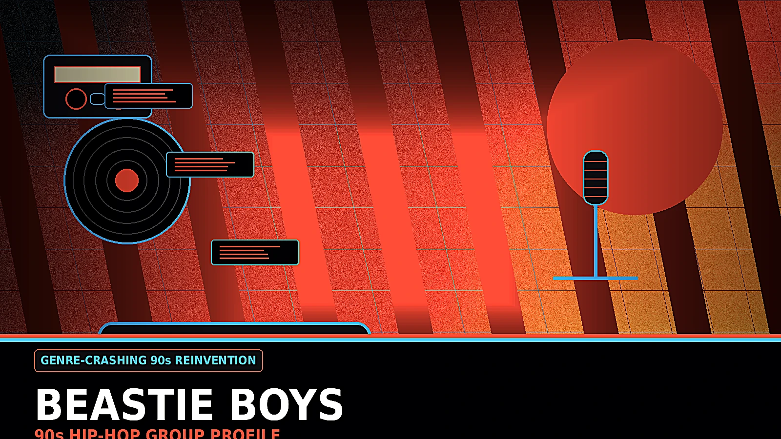 Beastie Boys inspired 90s genre-crashing hip-hop profile image with skate culture, punk energy, record crates, video-era style, and alternative rap crossover mood