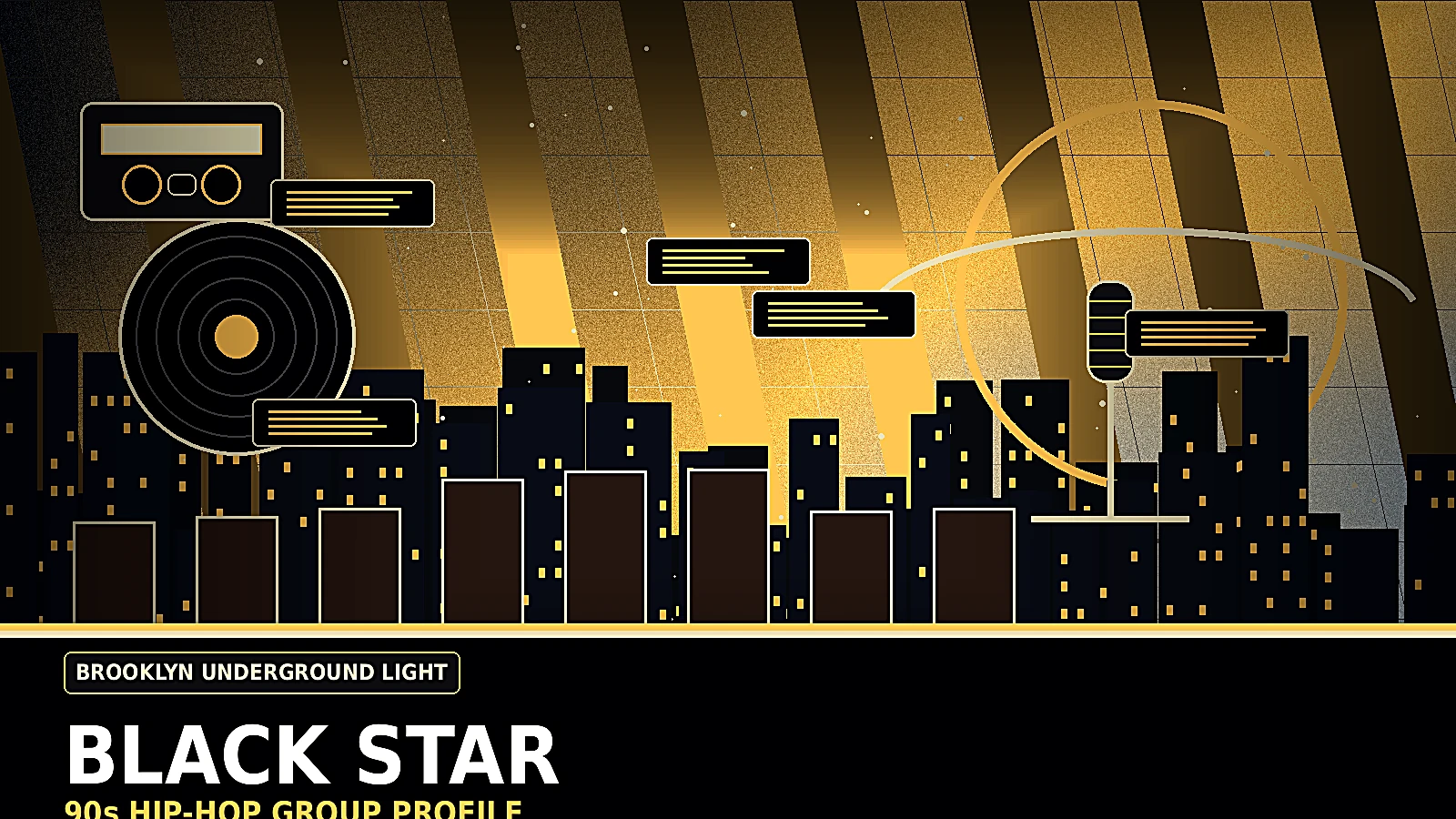 Black Star inspired late 90s underground hip-hop profile image with Brooklyn rooftop mood, bookstore flyers, warm conscious rap lighting, and microphone culture