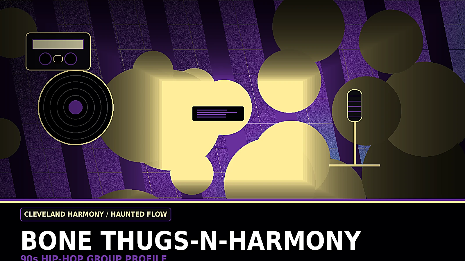 Bone Thugs-N-Harmony inspired 90s hip-hop group profile image with Cleveland night, ghostly harmonies, cassette smoke, and melodic rap atmosphere