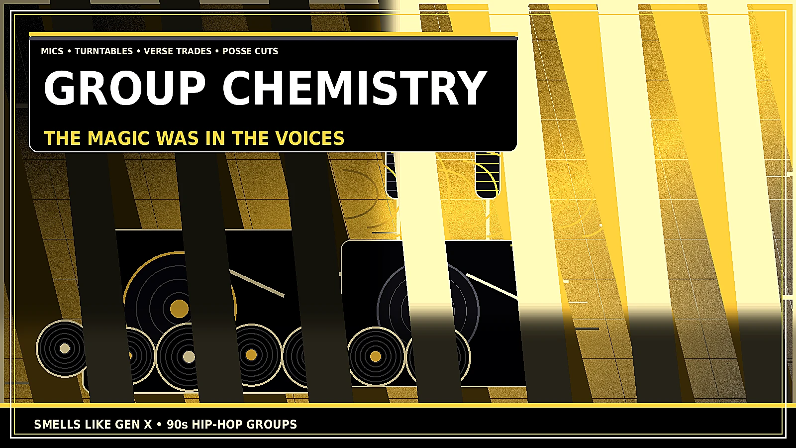90s hip-hop group chemistry with microphones, turntables, vinyl crates, cassette tapes, studio gear, and rap crew energy