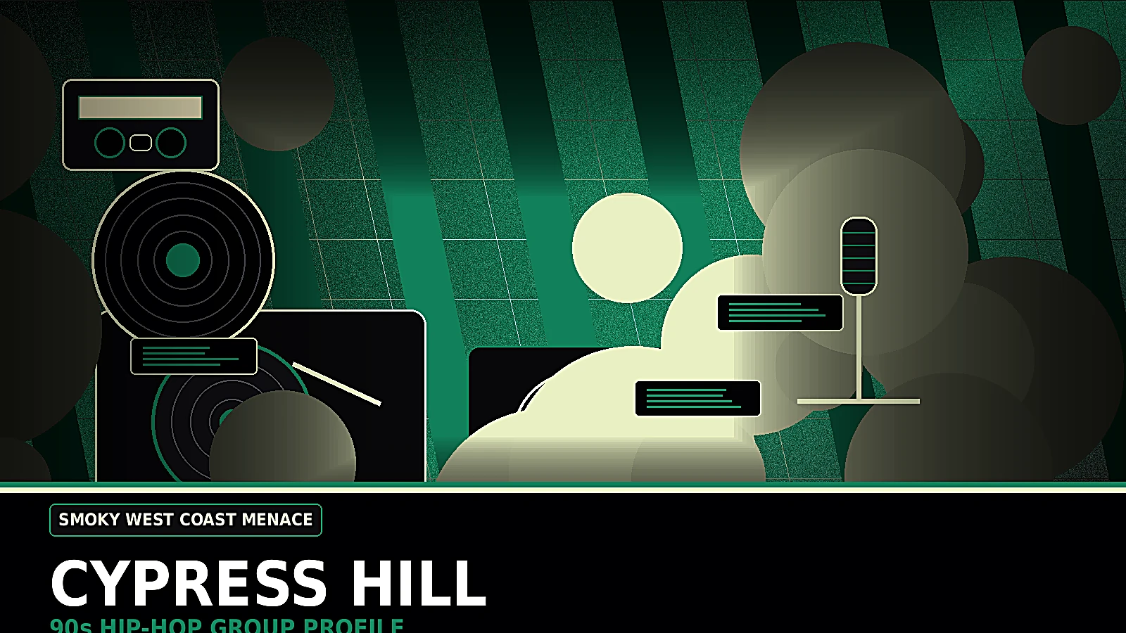 Cypress Hill inspired 90s West Coast hip-hop profile image with smoky studio mood, turntables, dark green texture, LA atmosphere, and gritty rap energy