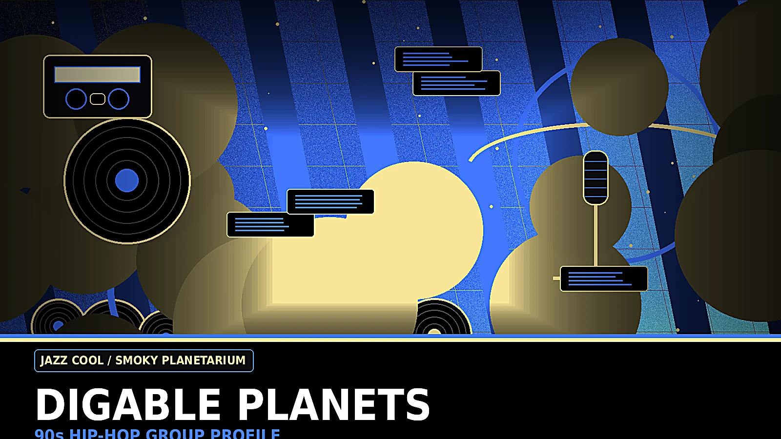 Digable Planets inspired 90s jazz rap profile image with smoky jazz club lighting, vinyl records, cool blue tones, abstract planet motifs, and underground hip-hop style