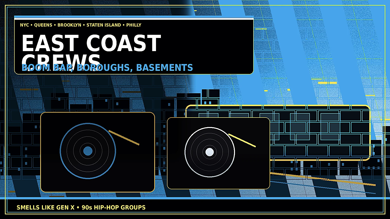 East Coast 90s hip-hop groups with New York streets, subway lights, graffiti walls, turntables, microphones, cassette tapes, and boom bap crew energy