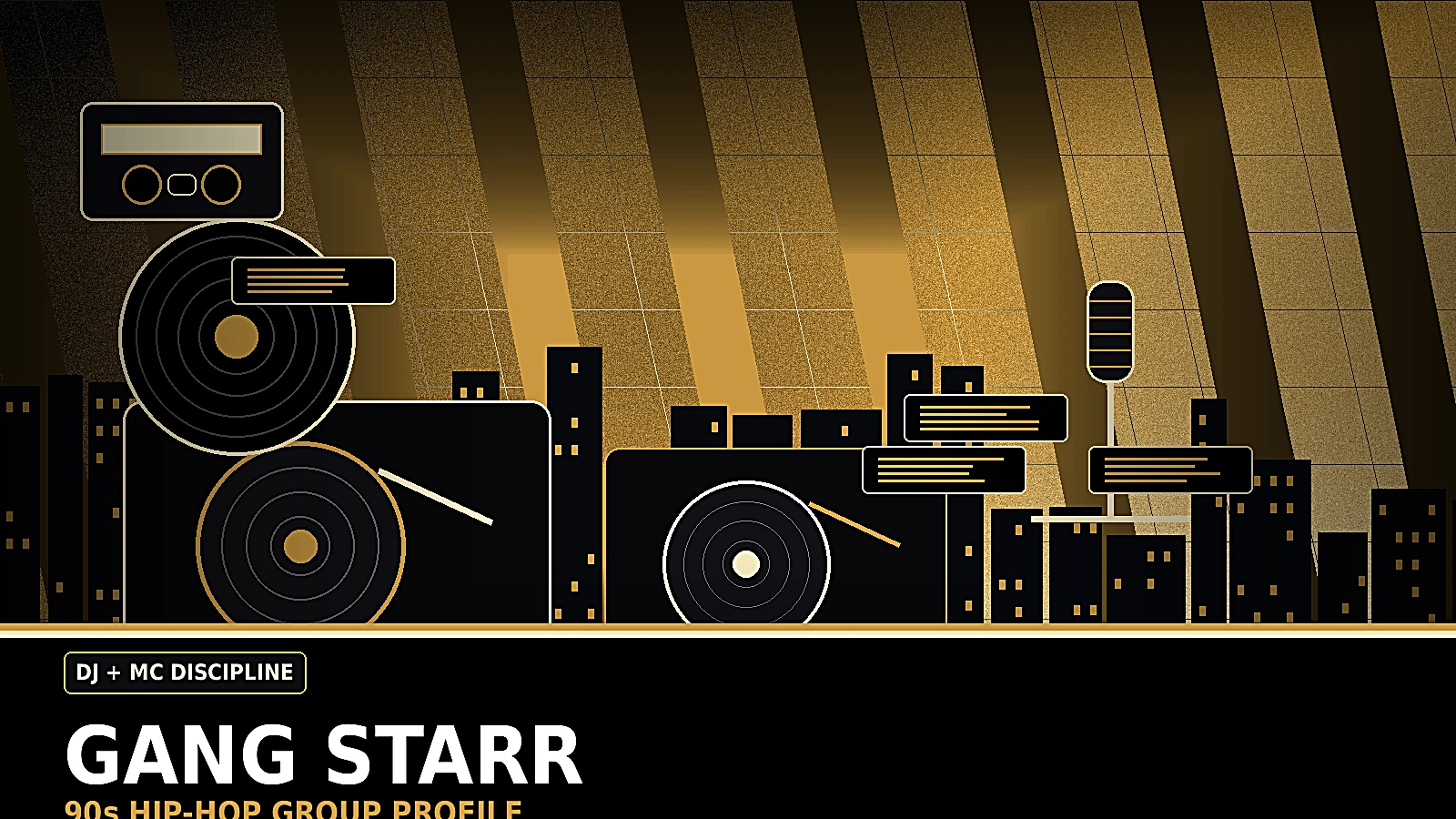 Gang Starr inspired 90s East Coast hip-hop profile image with DJ turntables, microphone, vinyl crates, disciplined boom bap style, and New York rap atmosphere