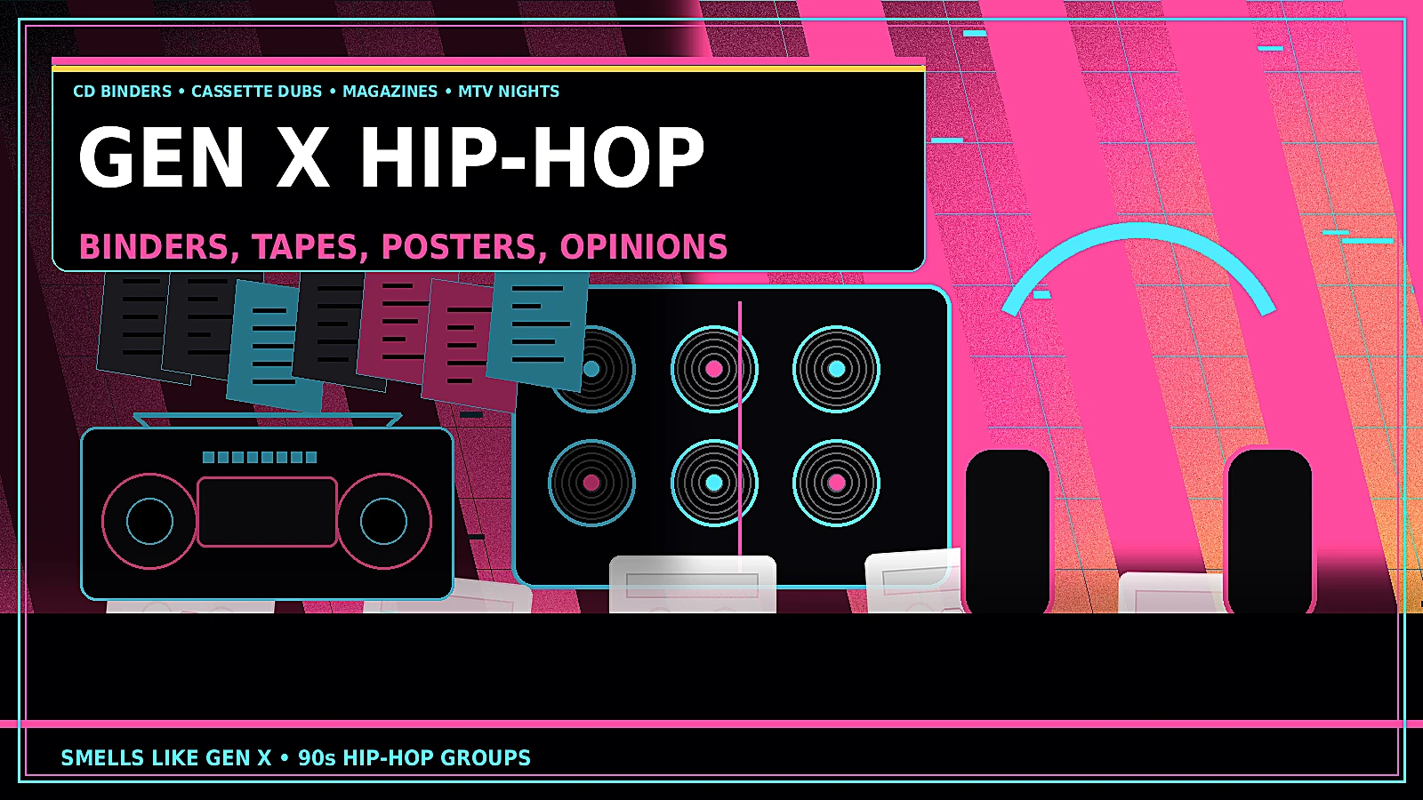 Gen X 90s hip-hop lifestyle with CD binders, cassette tapes, magazines, headphones, posters, boomboxes, and bedroom stereo culture