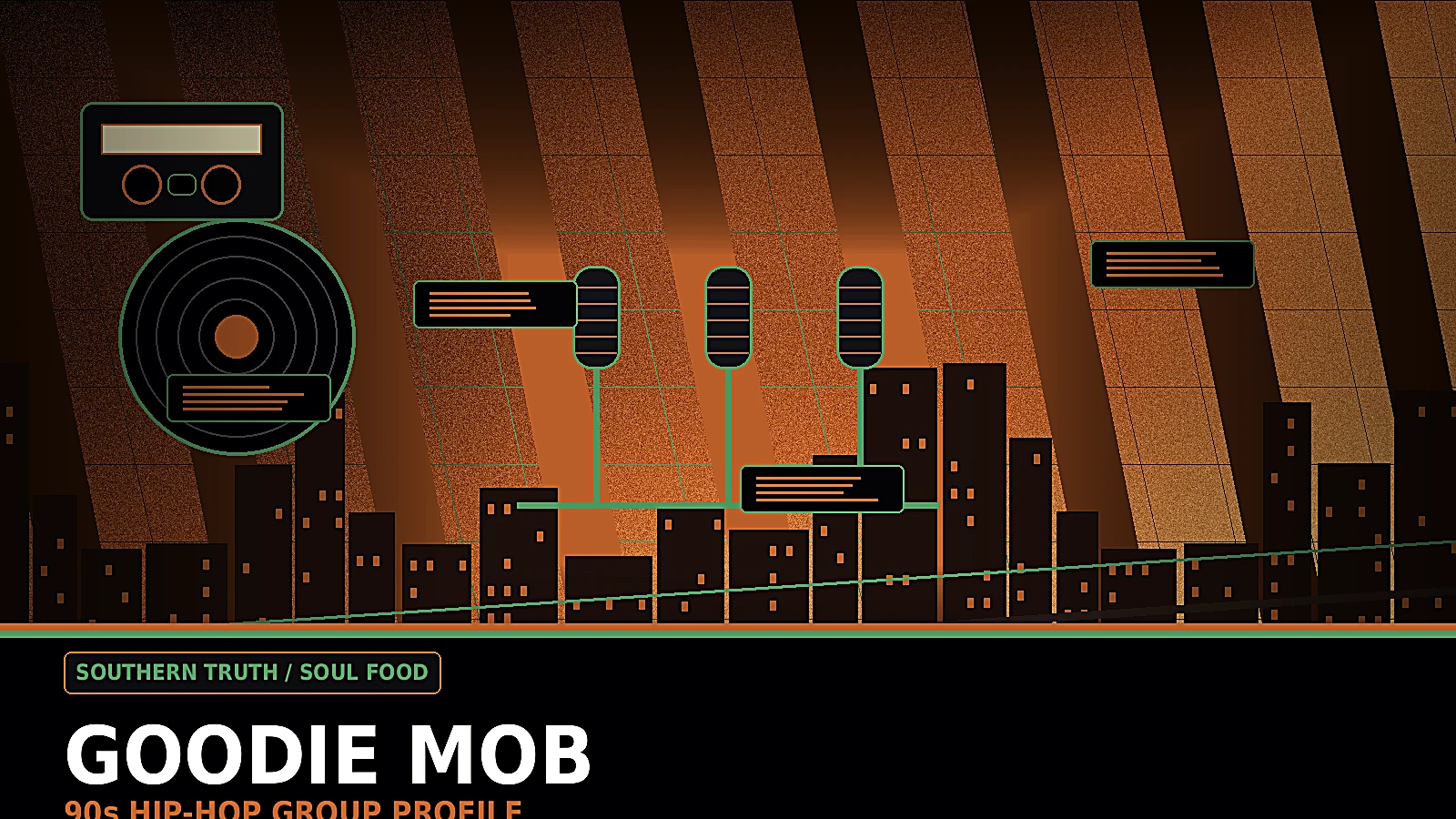 Goodie Mob inspired 90s Southern hip-hop profile image with Atlanta night, soul food table, church and street tension, studio textures, and conscious rap atmosphere