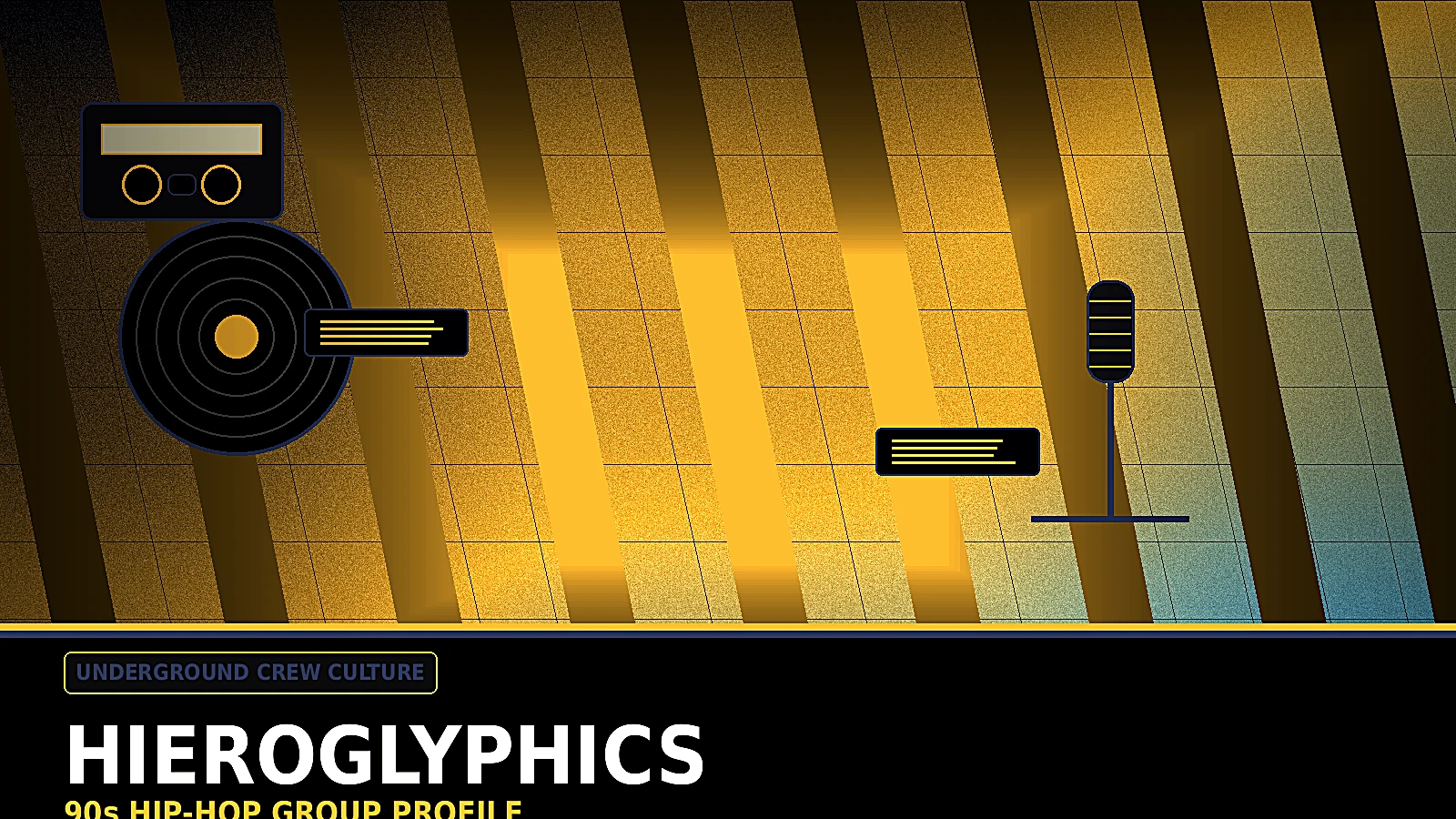 Hieroglyphics inspired 90s underground hip-hop crew profile image with Bay Area record crates, graffiti textures, independent rap energy, and alternative crew culture