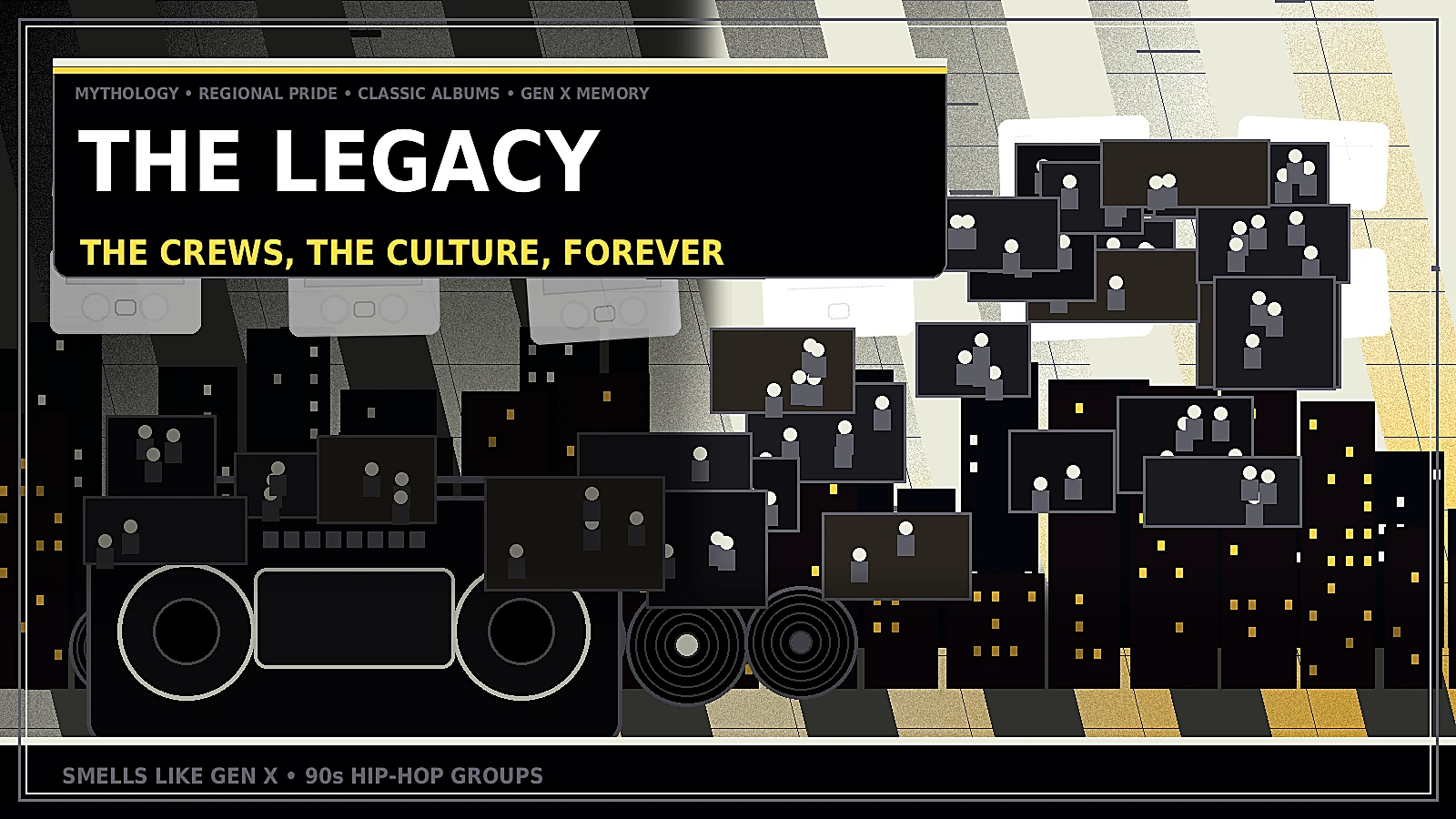 90s hip-hop groups legacy image with CD binders, microphones, group flyers, cassette tapes, turntables, city lights, and classic rap crew memories
