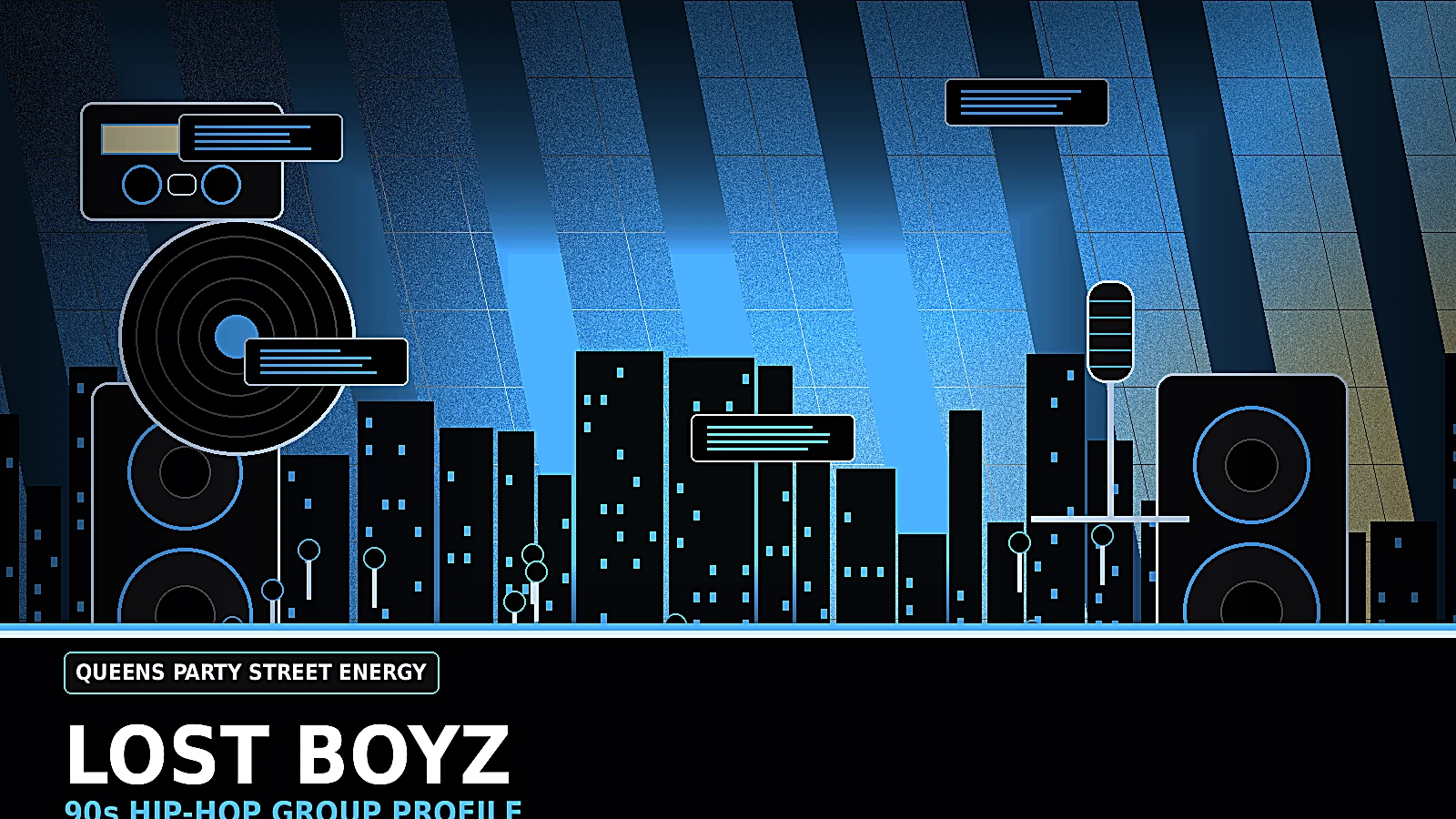 Lost Boyz inspired 90s Queens hip-hop profile image with party street energy, radio crossover mood, cassette tapes, summer night atmosphere, and East Coast rap texture