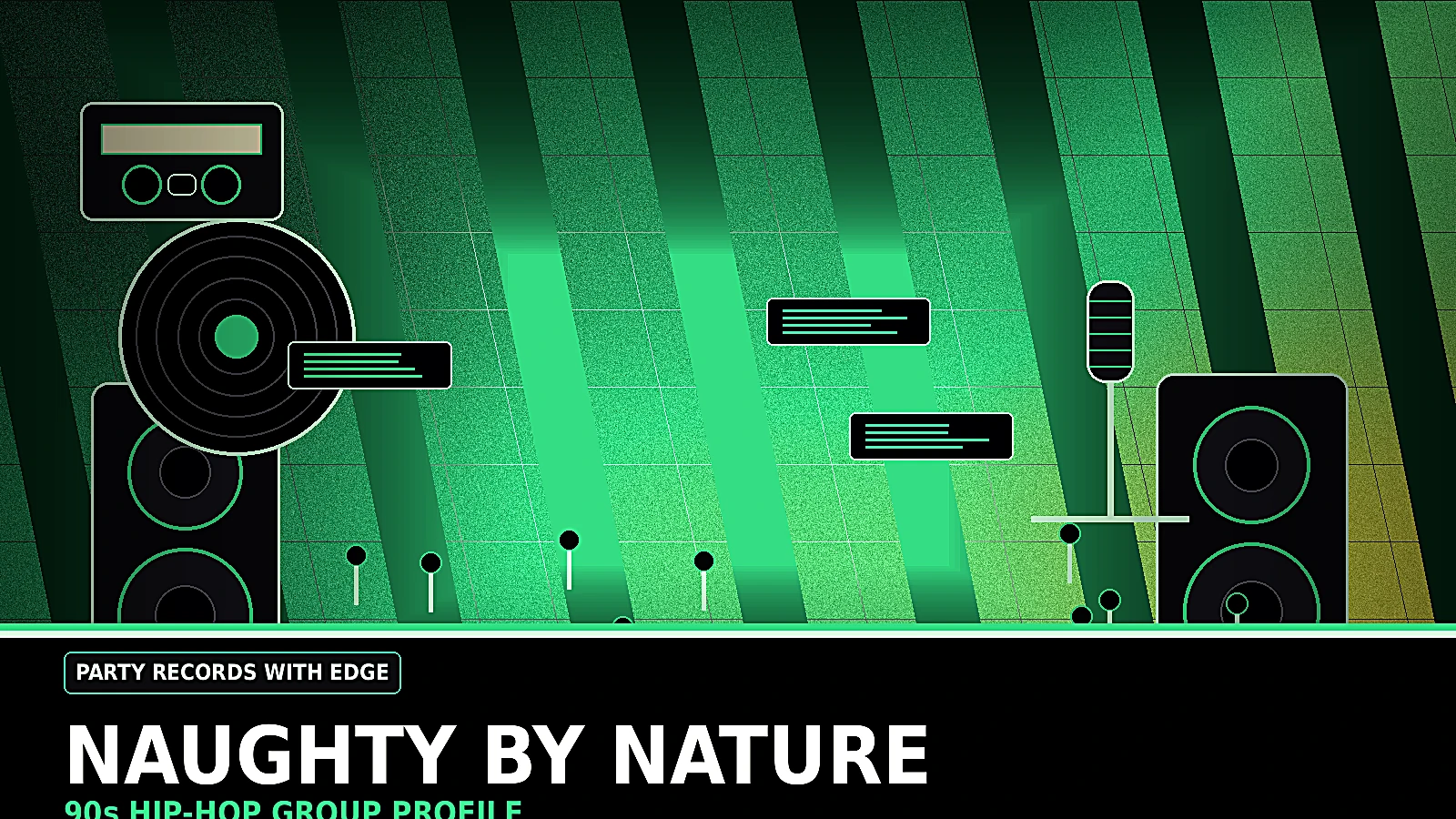 Naughty by Nature inspired 90s hip-hop group profile image with block party speakers, street energy, radio crossover style, and party rap atmosphere