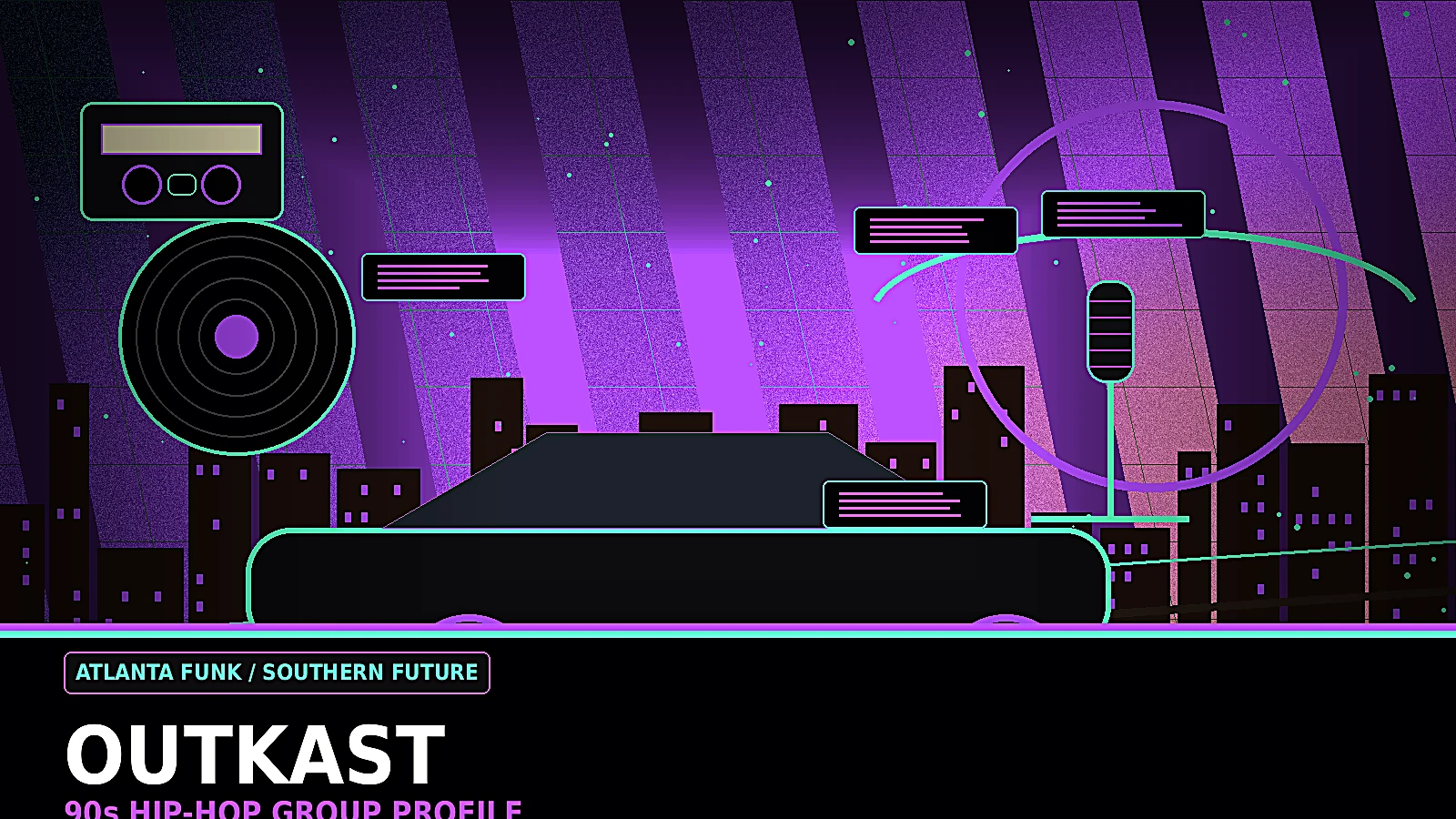 Outkast inspired 90s Southern hip-hop profile image with Atlanta night, Cadillac details, neon, cassette culture, funk textures, and ATLiens mood