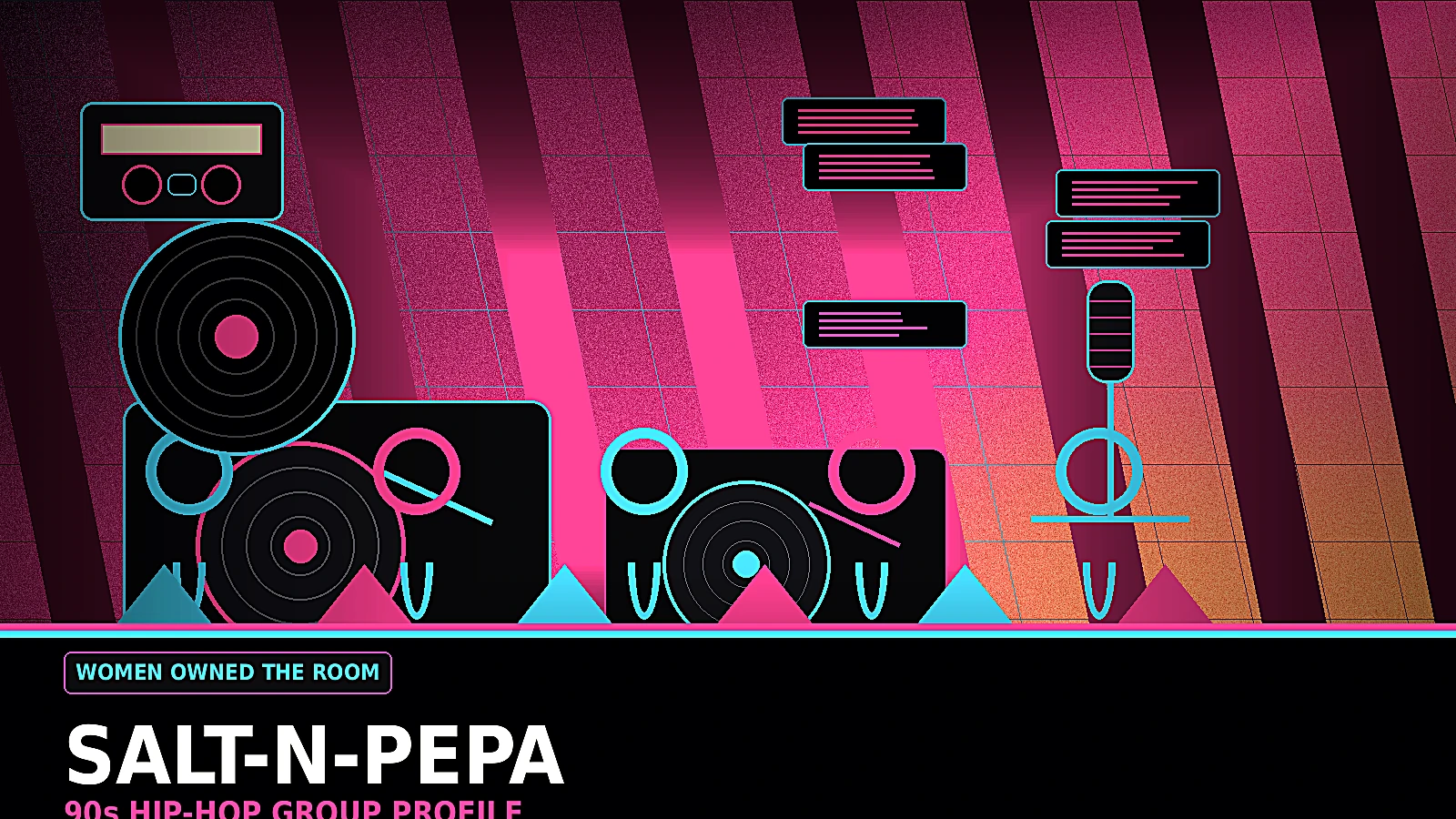Salt-N-Pepa inspired 90s women in hip-hop profile image with colorful fashion accessories, hoop earrings, DJ turntable, microphones, jackets, and video-era rap style