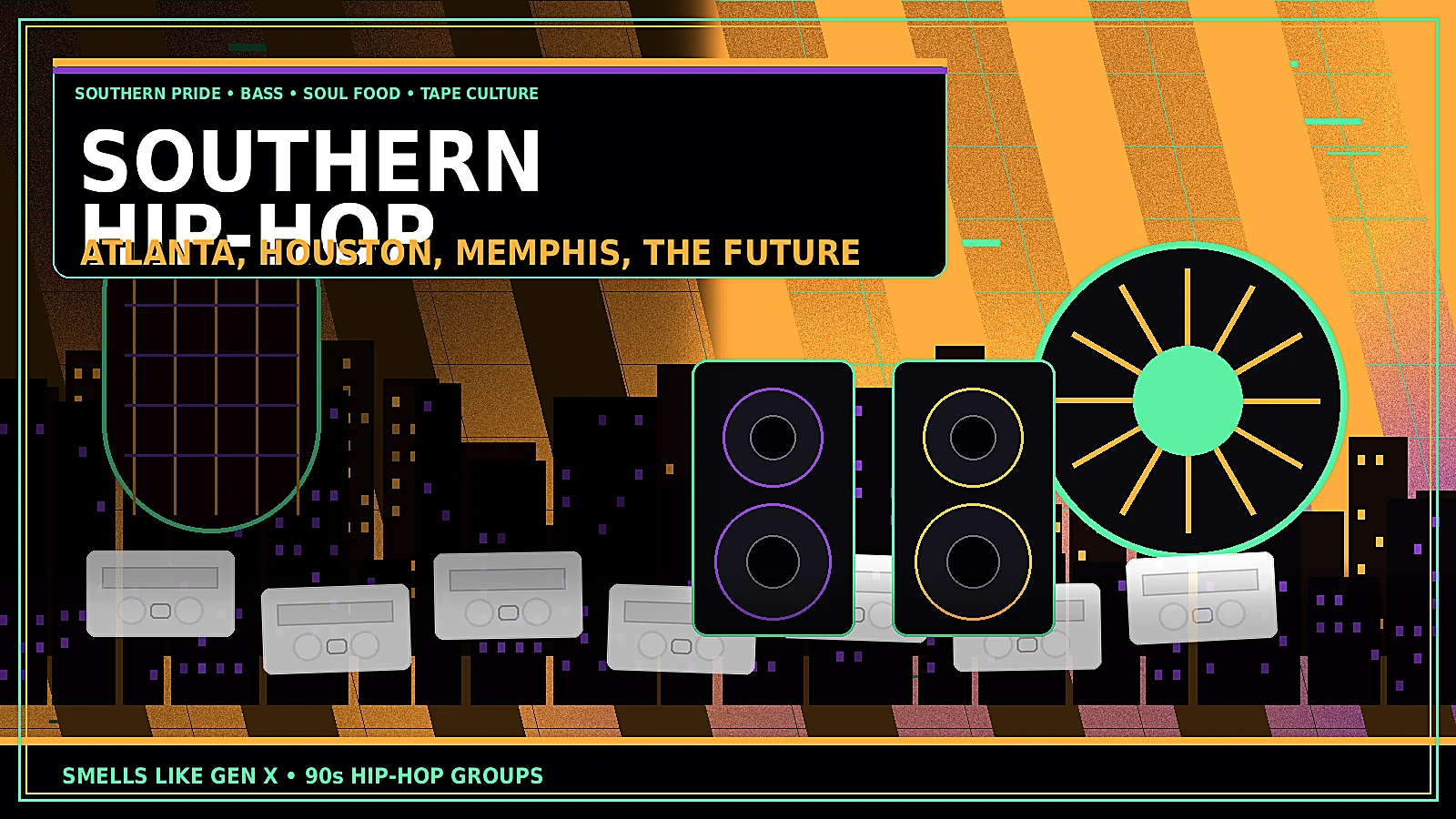 Southern 90s hip-hop groups with Atlanta skyline, Houston night, Memphis tape culture, bass speakers, cassette stacks, Southern cars, and rap crew atmosphere