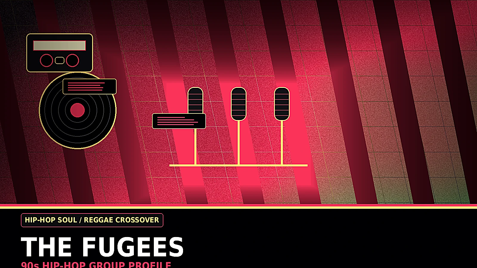 The Fugees inspired 90s hip-hop soul profile image with studio microphones, soul and reggae textures, cassette tapes, and global crossover energy