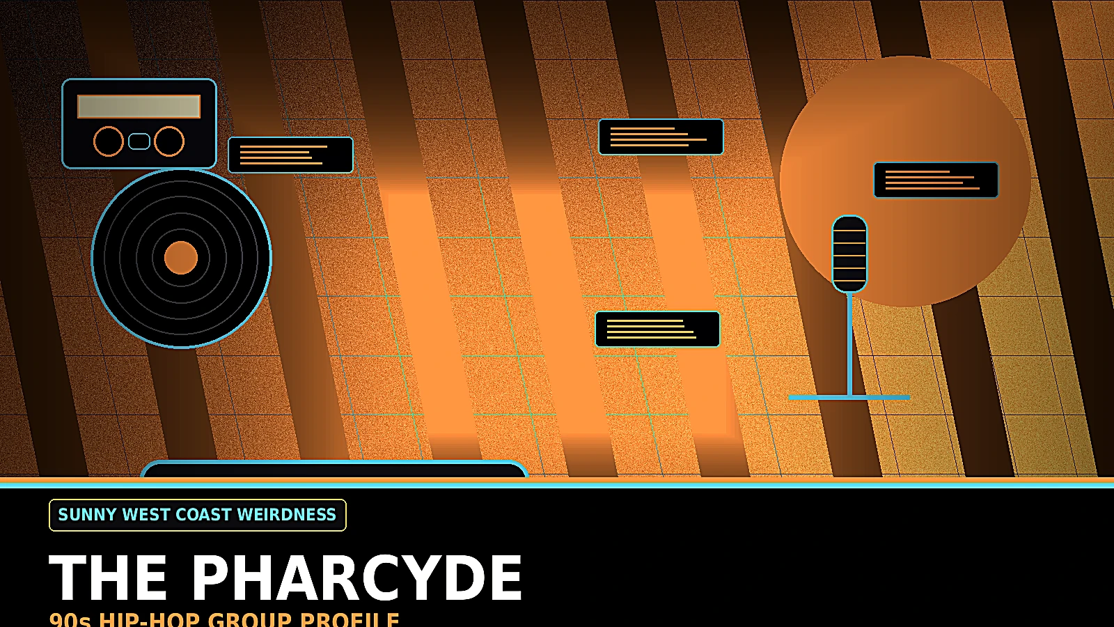 The Pharcyde inspired 90s alternative West Coast hip-hop profile image with sunny LA street energy, skate culture, creative notebook, and left-field rap mood