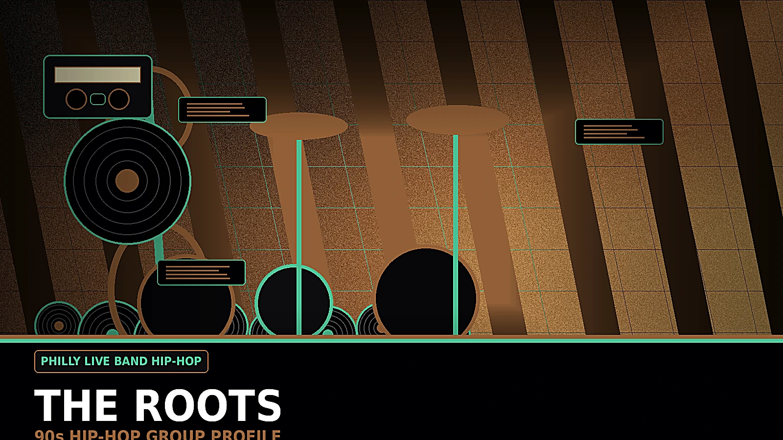 The Roots inspired 90s hip-hop group profile image with live drums, microphone stand, Philadelphia stage light, jazz club mood, and band-based rap energy