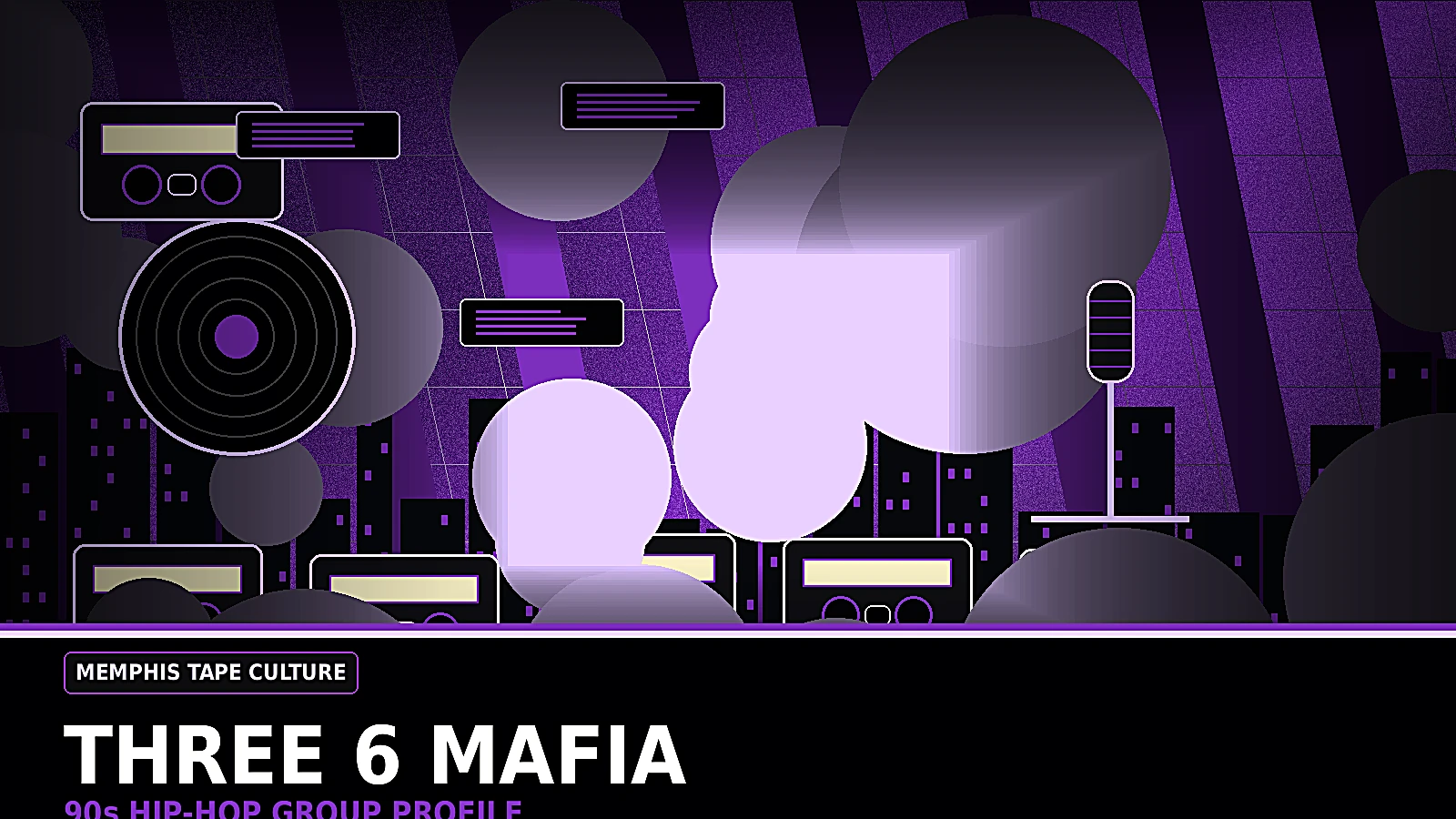 Three 6 Mafia inspired 90s Memphis hip-hop profile image with dark basement studio, cassette stacks, purple lighting, tape culture, and eerie Southern rap mood