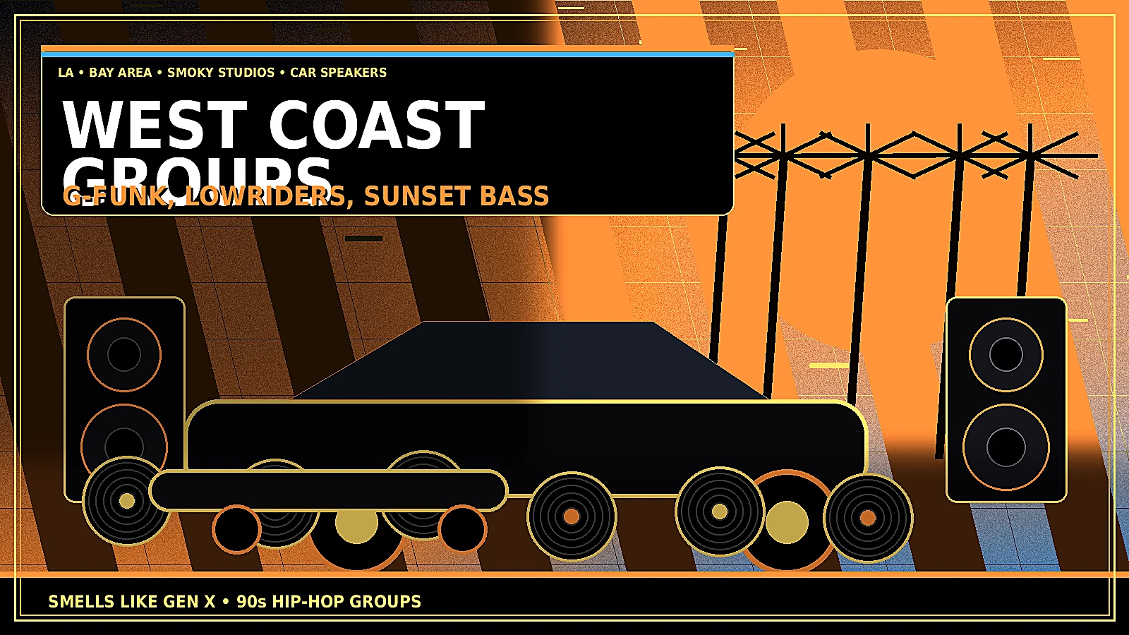 West Coast 90s hip-hop groups with lowrider energy, palm trees, sunset light, cassette tapes, turntables, speakers, smoky studio atmosphere, and G-funk style