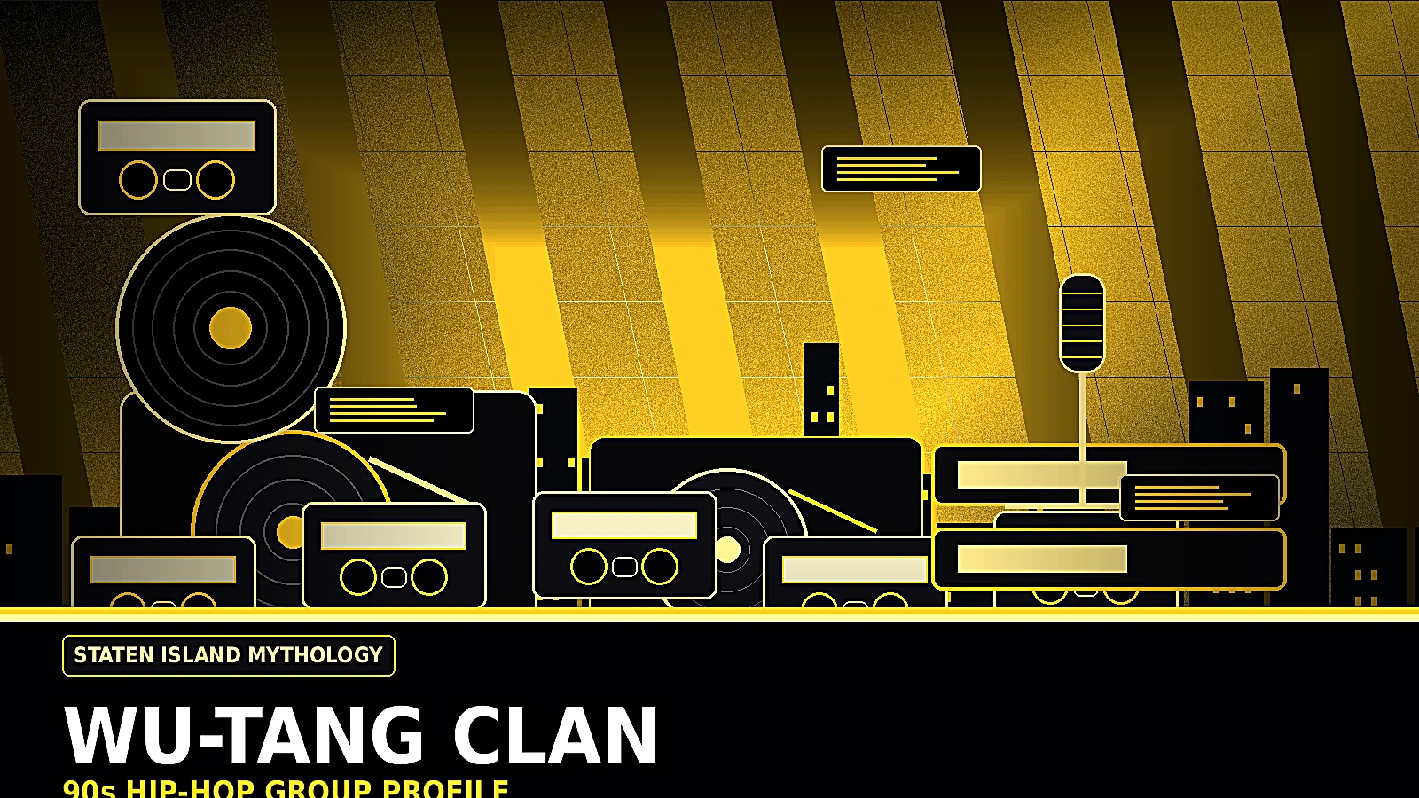 Wu-Tang Clan inspired 90s hip-hop group profile image with gritty Staten Island basement energy, turntables, cassette tapes, and East Coast rap mythology
