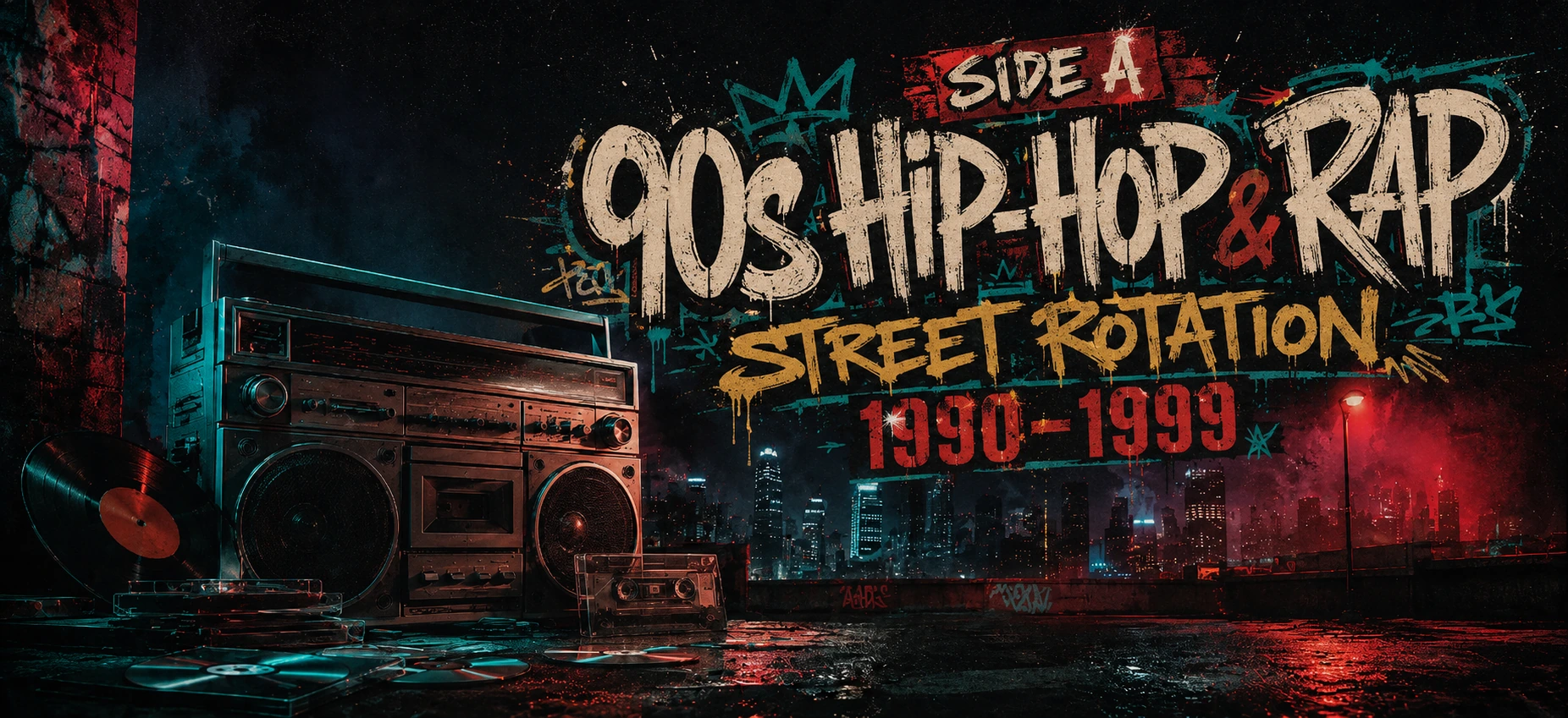 90s Hip-Hop and Rap featured image with boombox, skyline, graffiti-style text, CDs, and street rotation artwork