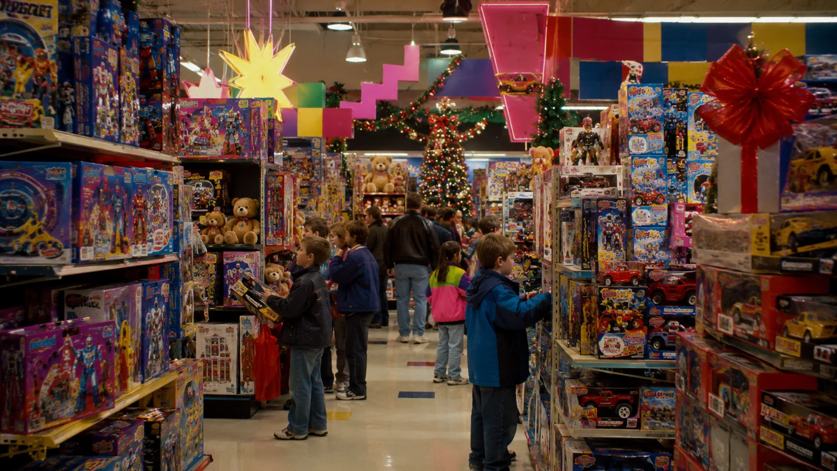 Busy 1990s toy store decorated for Christmas with crowded aisles and stacked toy boxes